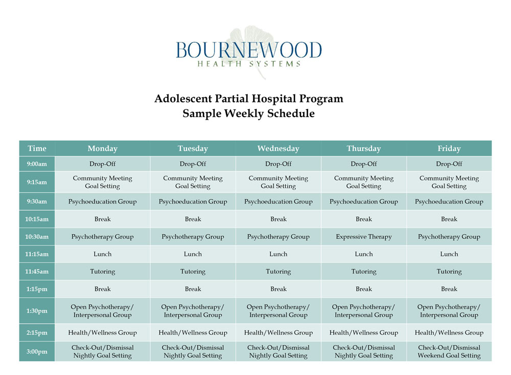 Adolescent PHP Sample Schedule at Bournewood